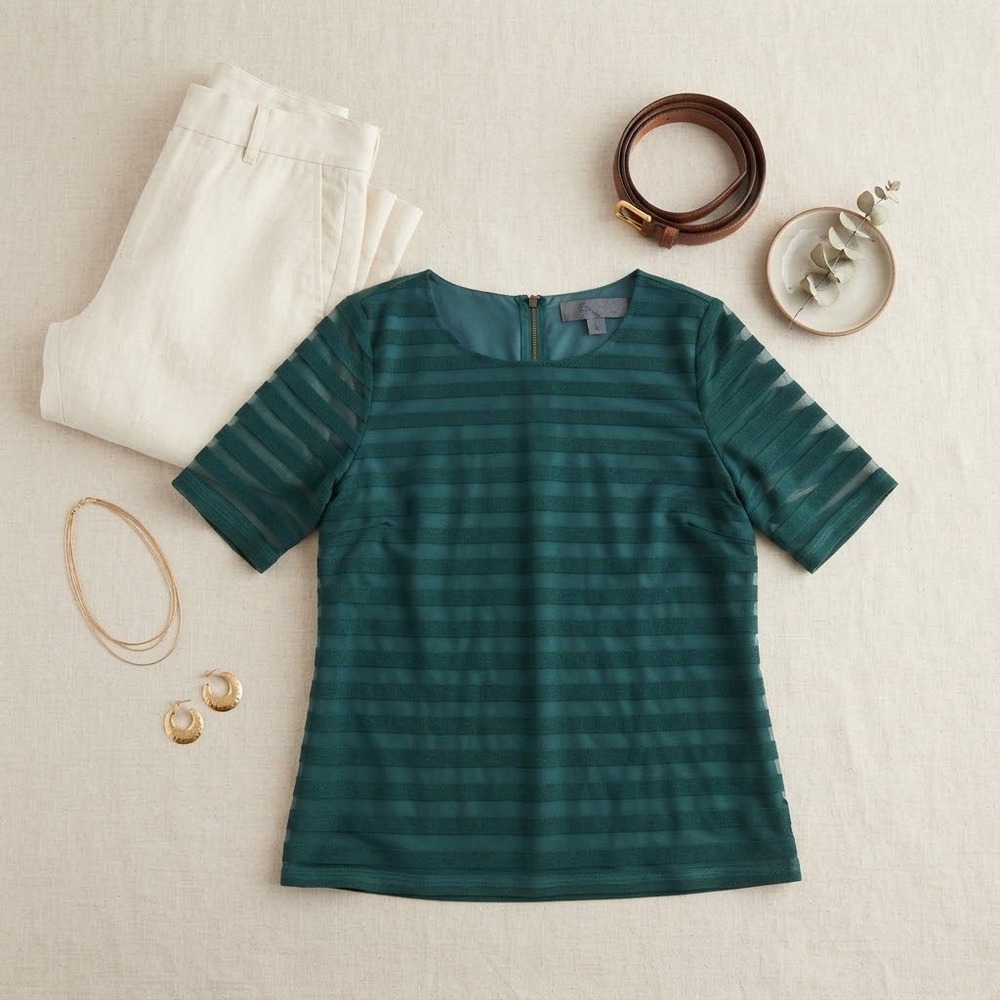 Sunday in Brooklyn Blouse Womens Large Green Sheer Stripe Mesh Zip Back Career